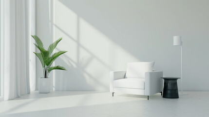 The interior of the living room is very bright, white armchair, white walls, mini coffee table, indoor plant
