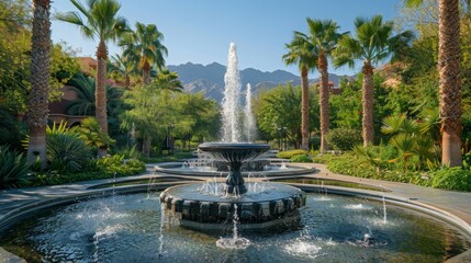 An oasis of calm, this tranquil fountain surrounded by tall palms and lush greenery sits against a backdrop of majestic mountains. - obrazy, fototapety, plakaty