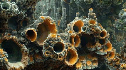 The complex beauty of fungal growth is showcased in this detailed microscopic view, highlighting various textures and organic structures. - obrazy, fototapety, plakaty