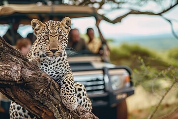 Tourists watching wild leopard walking in african savannah. AI generated illustration