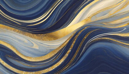 cobalt blue liquid abstract marbled background with golden wavy lines abstract horizontal image for business banner formal backdrop prestigious voucher luxe invite - obrazy, fototapety, plakaty