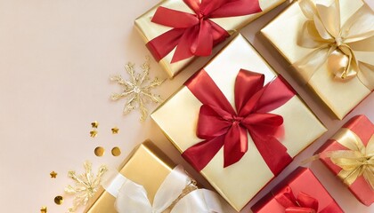 many christmas and new years gifts wrapped in red and golden paper with shiny silk bows top view close up background flat lay isolated pastel background copy space