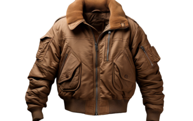 A stylish brown bomber jacket with a luxurious fur collar on a cold winter day