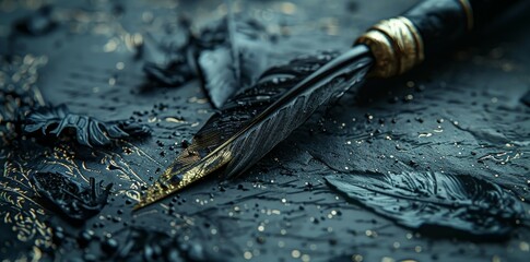 A close-up view of a classic quill pen with intricate golden accents, lying on a dark, ink-splattered surface, evoking a sense of antique elegance and literary history. - obrazy, fototapety, plakaty