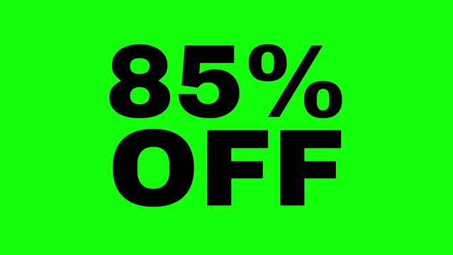 4K 85% flat crisp simple black animated letters, new price, black Friday, shopping, eighty five percent off, Animation Video, motion graphics, green screen chroma key.