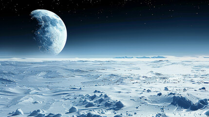 A large moon is in the sky above a vast, snow-covered landscape. The scene is serene and peaceful, with the moon casting a soft glow over the frozen terrain. Concept of calm and tranquility