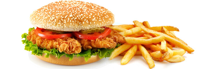 Fried chicken burger with vegetables isolated on white background.
