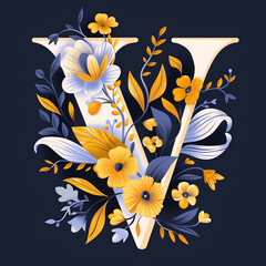 Spring and summer letter V with blue and yellow flowers on dark background. Flower font illustration