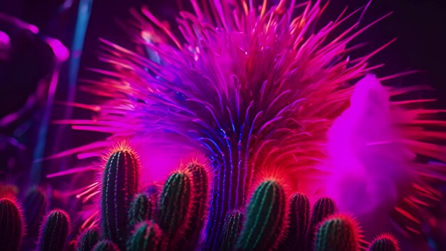 A dynamic display of cacti illuminated with intense neon lighting. Animation