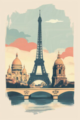 Obraz premium Paris's iconic skyline, featuring a vintage-style portrayal of the Eiffel Tower and Sacré-Cœur Basilica, set against a backdrop of a pastel-colored sky with fluffy clouds. 
