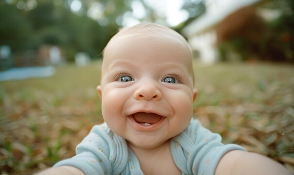 A cute funny infant baby boy is taking selfie