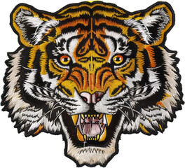 Embroidered tiger face patch with intricate detailing cut out on transparent background