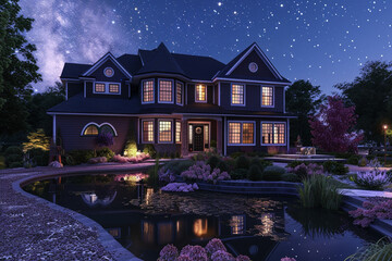 Suburban luxury embodied in a newly built home with a deep plum exterior, highlighted by elegant landscaping and a shimmering pond in the front  - obrazy, fototapety, plakaty