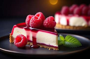 A mouthwatering raspberry cheesecake with a gorgeous syrup garnished with fresh berries