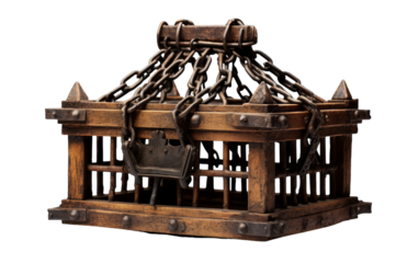 A wooden cage adorned with intricate chains hangs ominously, waiting for its next prisoner to be restrained