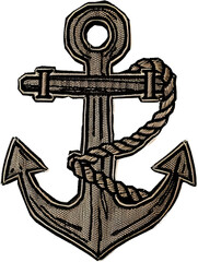 Nautical anchor embroidered patch with rope detail cut out on transparent background