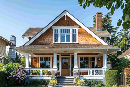 Symmetrical picture of a cozy, 2 story house with white trim windows, four square, craftsman, design architecture