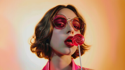 A youthful and attractive female model holding a lollipop, captured against a vibrant beige backdrop, showcasing a fashion editorial aesthetic.