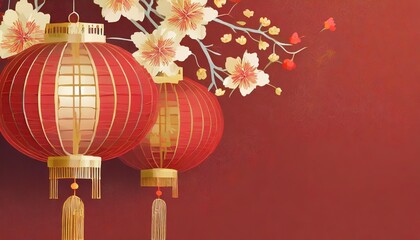 red hanging lantern traditional asian decor on red background with flowers chinese lantern festival new year abstract greeting backdrop with copy space design for poster card banner