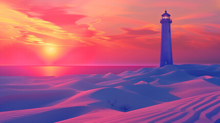 lighthouse amidst a desert landscape, illuminated by the radiant glow of a sunset. The water surface is visible in the distance