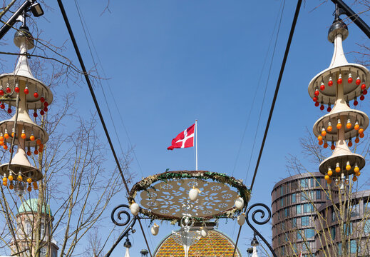 The main entrance to the Tivoli amusement park decorated for Easter. Copenhagen, Denmark - March 28, 2024