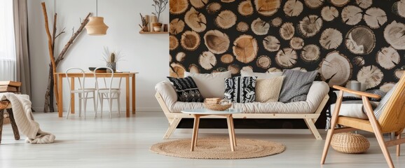 A cozy living room with white wooden flooring, featuring a wall covered in a black and brown tree...