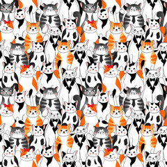 Seamless pattern with many different cats on white background. Vector illustration for children.
