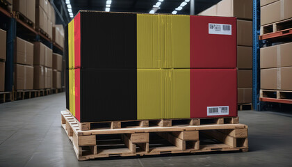 Cardboard boxes and a pallet with the Belgium flag, symbolizing export-import business