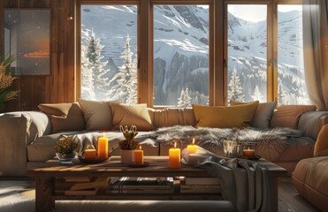 A cozy living room with wooden furniture, large windows showing snow covered mountains outside and soft pastel color accents on the sofa and pillows