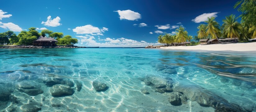 Palm trees along the edge of a white sand beach during bright sunshine