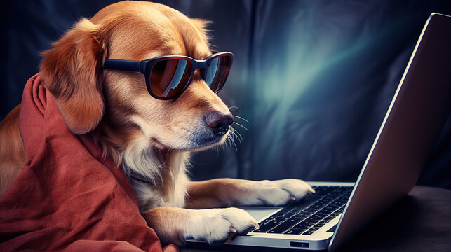 Dog works with the laptop. Remote work or freelance concept with funny puppy.