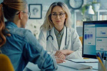 ai helping a medicine doctor in front of her patient and the screen computer writing the inform  - obrazy, fototapety, plakaty