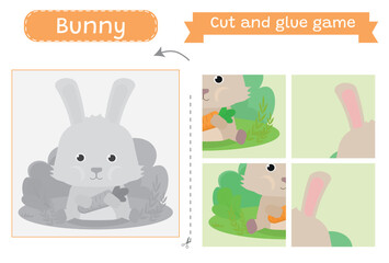 Vector cut and glue activity.  Bunny. Puzzle 4 parts.  Crafting game with animals illustration. Fun printable worksheet. 