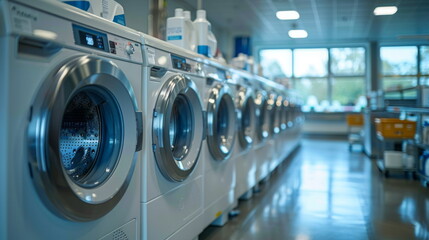 Row of Washing Machines in Laundry Room