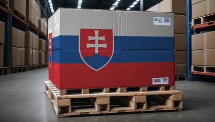 Cardboard boxes and a pallet with the Slovakia flag, symbolizing export-import business