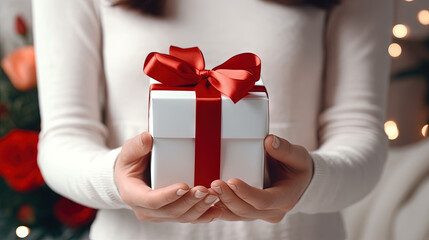 Woman hands holding the gift, presenting the box with bow.