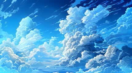 A blue sky with clouds is the main focus of this image. The sky is filled with fluffy white clouds, creating a serene and peaceful atmosphere. The clouds are scattered throughout the sky - obrazy, fototapety, plakaty