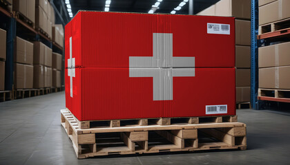 Cardboard boxes and a pallet with the Switzerland flag, symbolizing export-import business