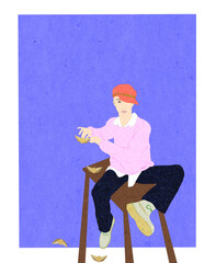 Ilustracja młody człowiek w czapce siedzący na ławce puszczający papierowe statki w powietrzu.