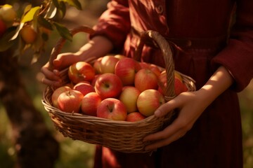 Woman with basket of apples in orchard