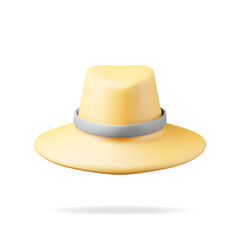 3d Unisex Straw Hat Isolated on White. Render Straw Sunhat with Ribbon. Yellow Summer Bonnet. Concept of Summer Vacation or Holiday, Time to Travel. Beach Relaxation. Realistic Vector Illustration