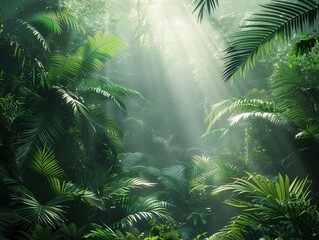 3D illustration of a dense jungle sunlight filtering through the canopy