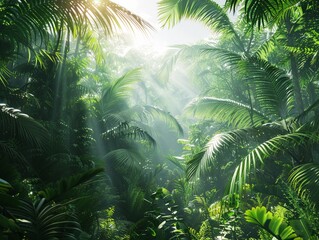 Fototapeta na wymiar 3D illustration of a dense jungle sunlight filtering through the canopy