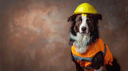 In this vivid portrayal of commitment to safety, a border collie dons a high-visibility safety jacket and a yellow helmet, poised against a soft, unfocused background to celebrate World Safety Day. - obrazy, fototapety, plakaty