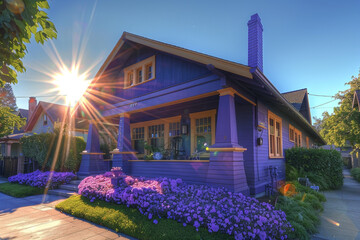 High sun over a vibrant violet Craftsman style house in a lively suburban area, midday activity...