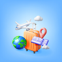 3d Airline Ticket, Travel Bag, Globe and Airplane. Render Paper Ticket with Plane Icon, Suitcase and Planet Earth. Travel Element. Holiday or Vacation. Transportation Document. Vector Illustration