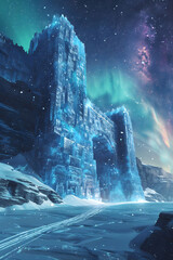 3D illustration of an ice castle under the aurora shimmering walls