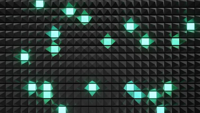 abstract festive background with black pyramids on a plane flashing multi-colored neon light randomly. Loop beautiful bg in 4k. Smooth animation 3d rendering.