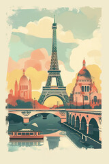 Obraz premium Paris's iconic skyline, featuring a vintage-style portrayal of the Eiffel Tower and Sacré-Cœur Basilica, set against a backdrop of a pastel-colored sky with fluffy clouds. 