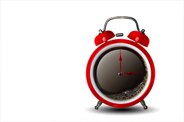 Time alarm coffee and rings bell isolated on white background, This has clipping path.